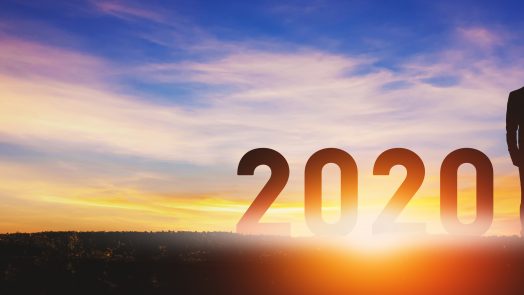 New year 2020 concept, Silhouette young success business man with sky at sunset, banner size