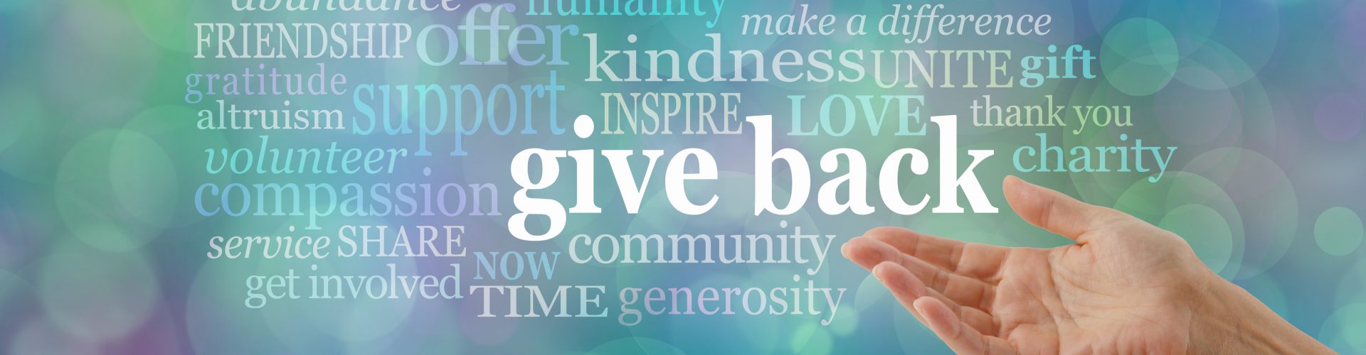 female open hand gesturing towards the words GIVE BACK surrounded by a relevant word cloud against a blue bokeh background