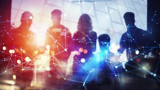 Business people collaborate together in office. Double exposure effects