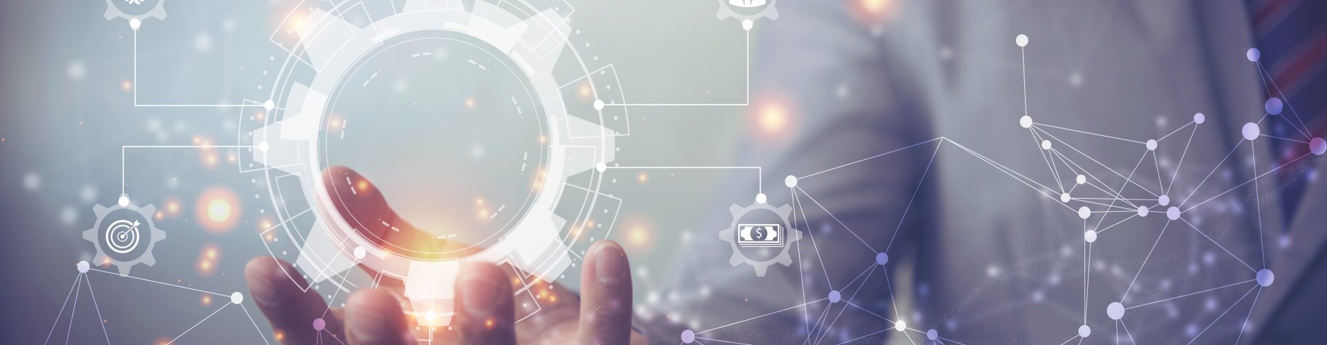 Business process management and workflow automation diagram with gears and icons with connection line network in background. Manager touching interface