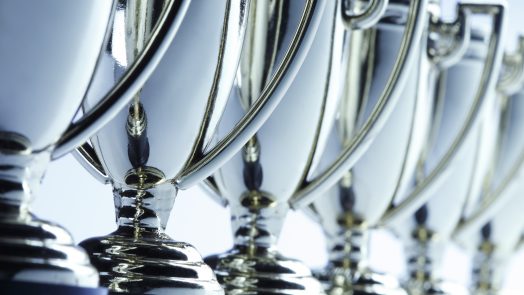 Close-up of a long row of trophies. Shot with shallow depth of field.