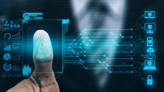 Fingerprint Biometric Digital Scan Technology. Graphic interface showing man finger with print scanning identification. Concept of digital security and private data access by use fingerprint scanner.