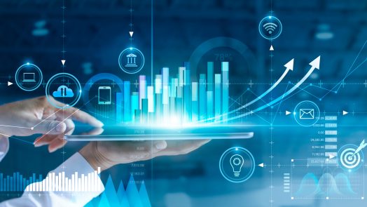 Businessman using tablet analyzing sales data and economic growth graph chart. Business strategy. Abstract icon. Digital marketing.