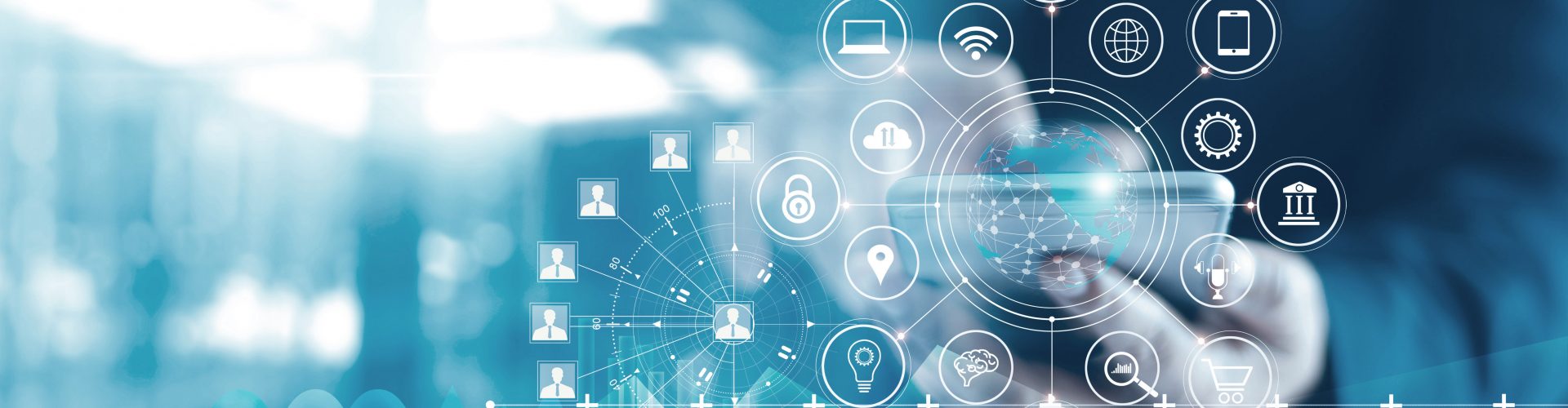 Mobile banking network, online payment, digital marketing. Business people using mobile phone with credit card and icon network connection on dark blue virtual screen background, business technology.