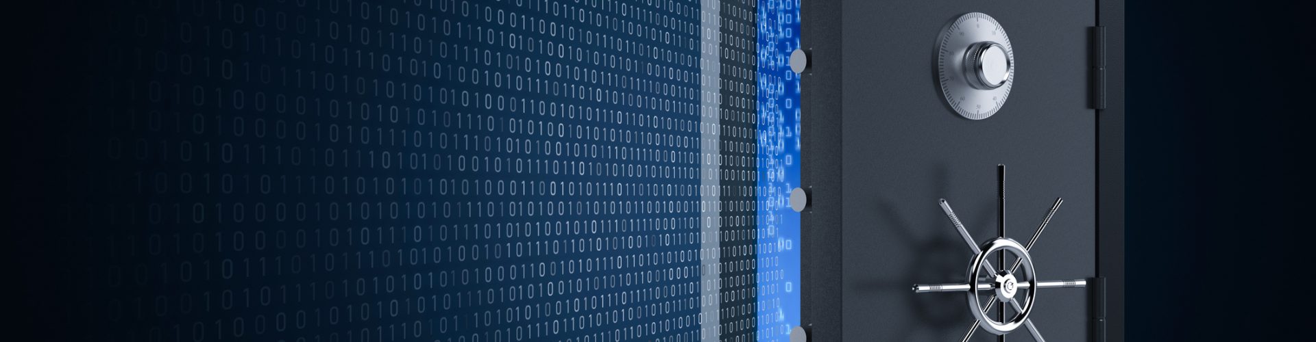 Online security concept with 3d rendering vault door open and binary code