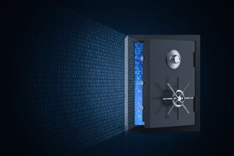Online security concept with 3d rendering vault door open and binary code