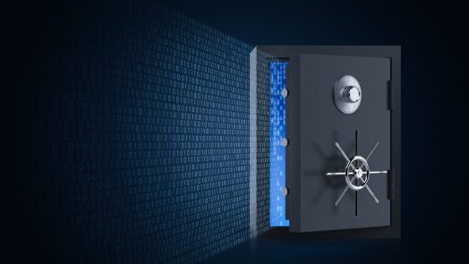 Online security concept with 3d rendering vault door open and binary code