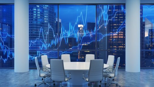 Panoramic conference room in modern office, cityscape of New York skyscrapers at night, Manhattan. Financial chart is over the cityscape. White chairs and a white round table. 3D rendering.