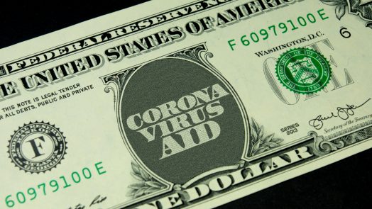 Dollar Geldschein und Coronavirus Hilfspaket für die Wirtschaft in Amerika