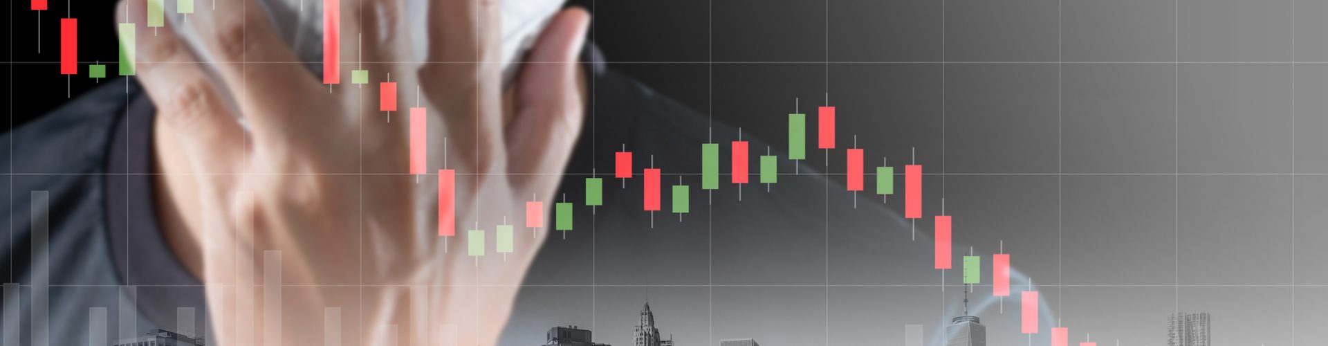 Concept of economic recession during the coronavirus crisis, downtrend stock and man with mask background