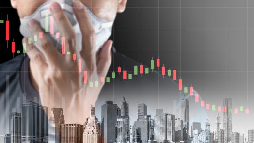 Concept of economic recession during the coronavirus crisis, downtrend stock and man with mask background