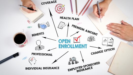 Open Enrollment concept. Chart with keywords and icons