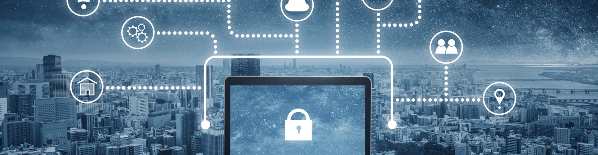 Internet and online network security system. Laptop computer with lock icon on screen and application programming interface icons