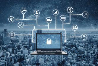 Internet and online network security system. Laptop computer with lock icon on screen and application programming interface icons