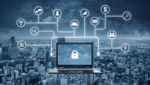 Internet and online network security system. Laptop computer with lock icon on screen and application programming interface icons